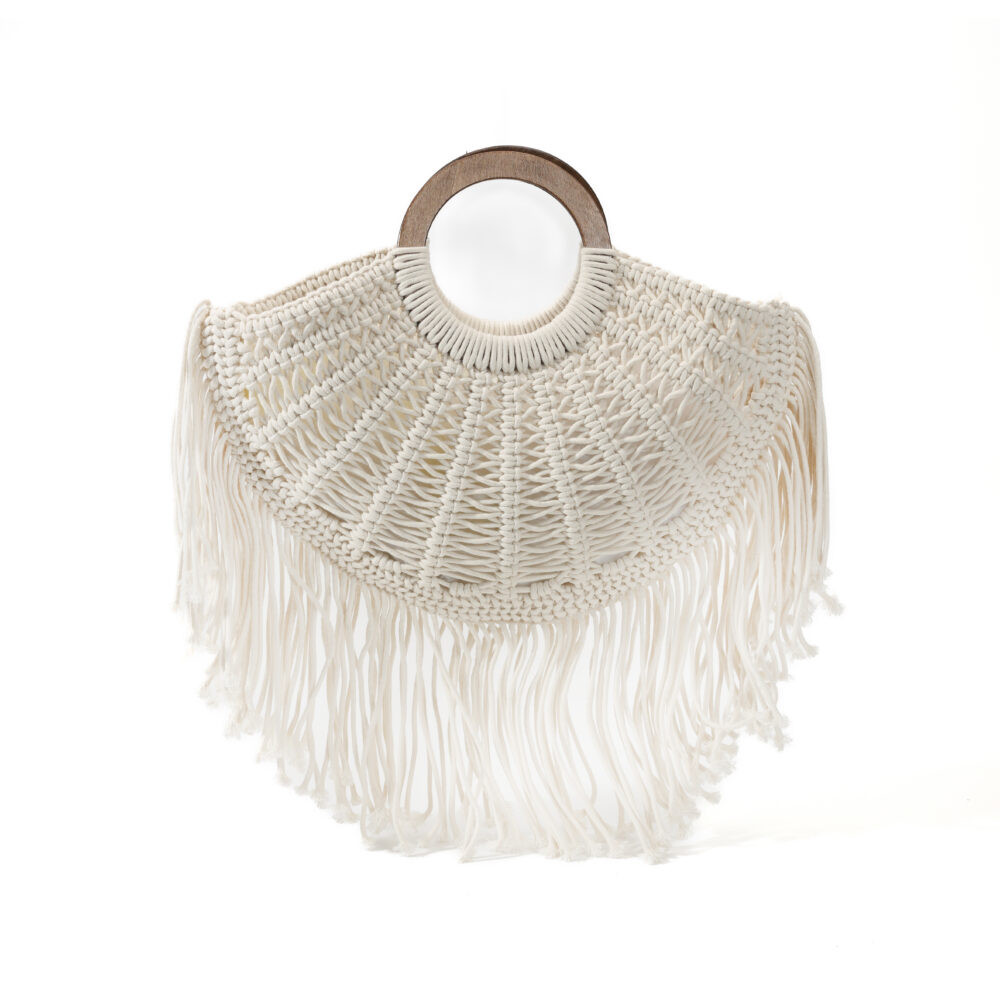 Ivory Macramé Fringe Wooden Ring Handle Tote Bag