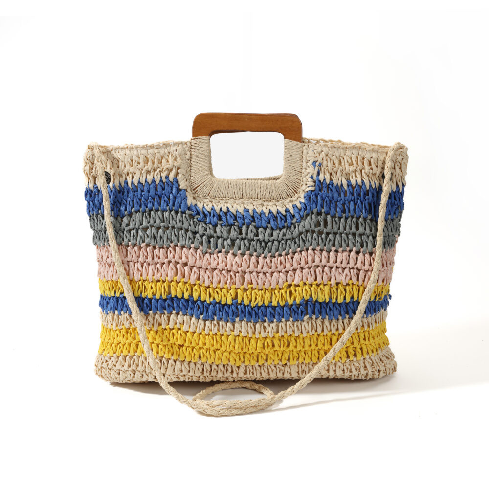 Multicolor Striped Woven Straw Wooden Handle Tote Bag