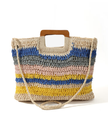 Artistic Color-Block Striped Woven Bag, Wood Handle Hand-Crocheted Tote, Summer Island Vacation Daily Versatile, Fresh Vibrant Straw Bag.