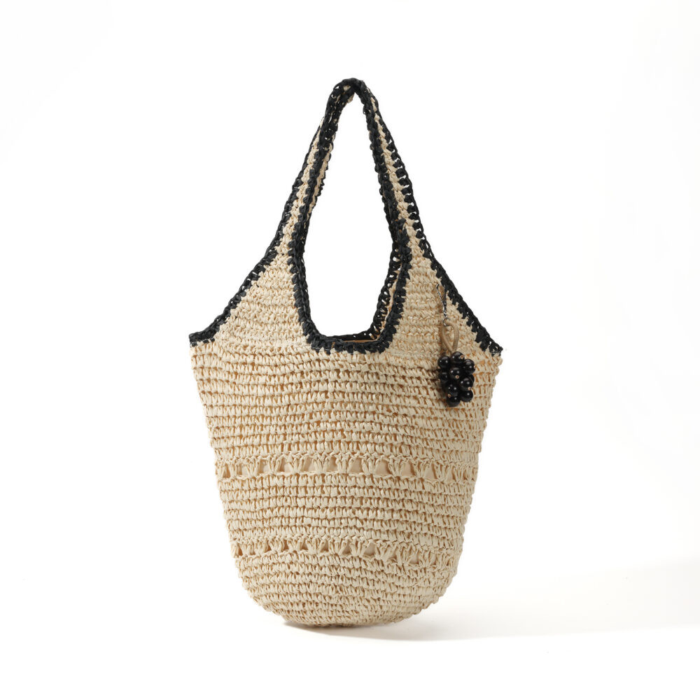 Natural & Black Woven Straw Beaded Charm Tote Bag