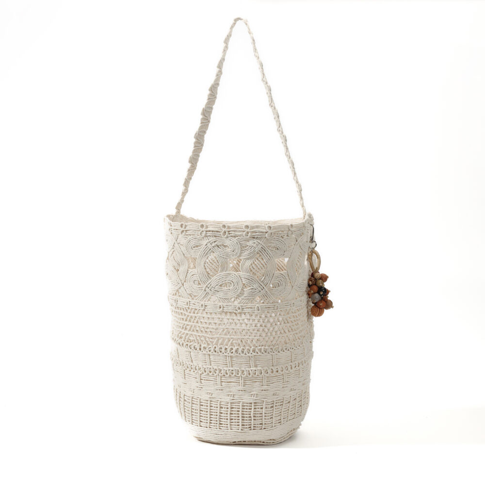 Ivory Macramé Woven Beaded Charm Shoulder Bag