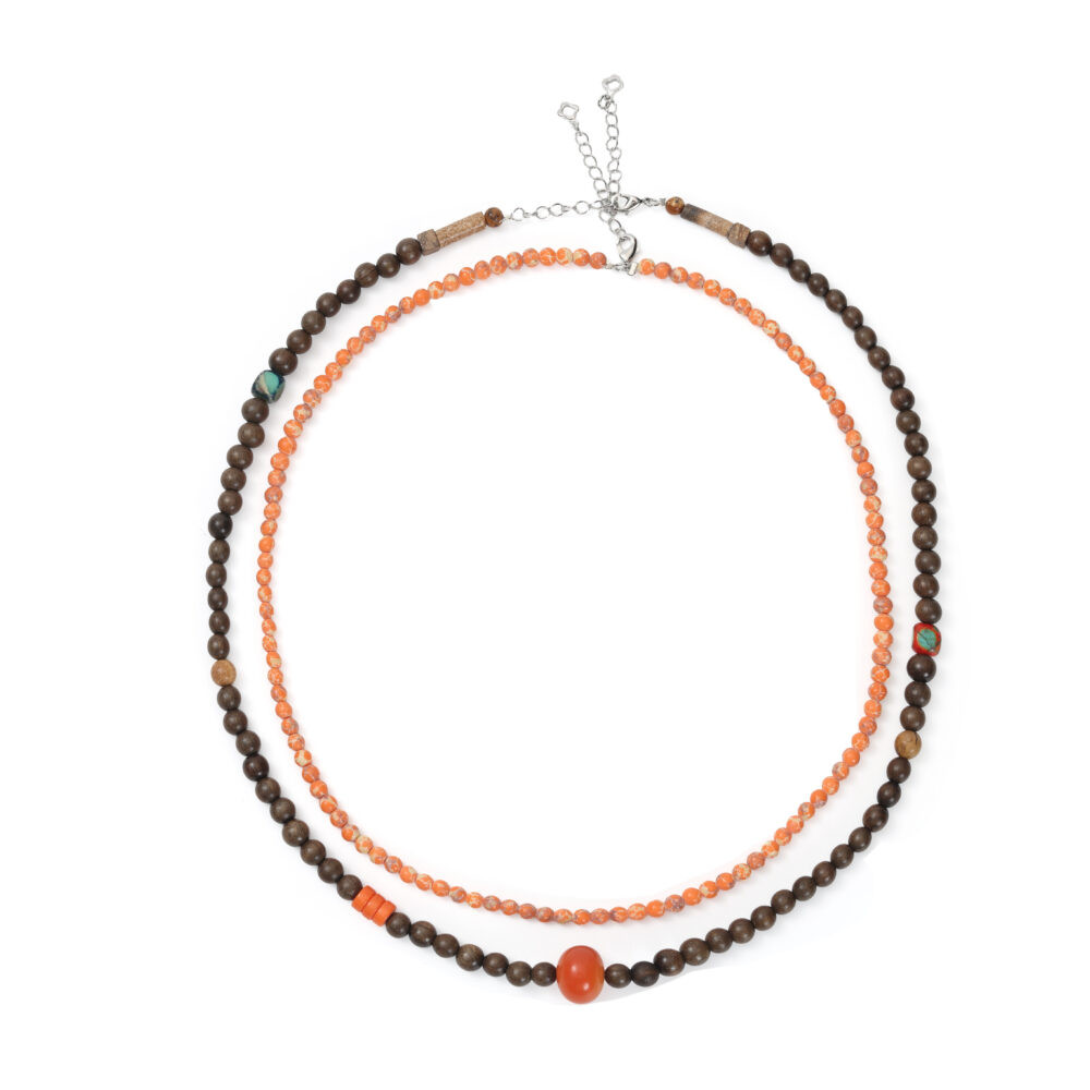 Orange & Brown Layered Wood and Stone Beaded Necklace