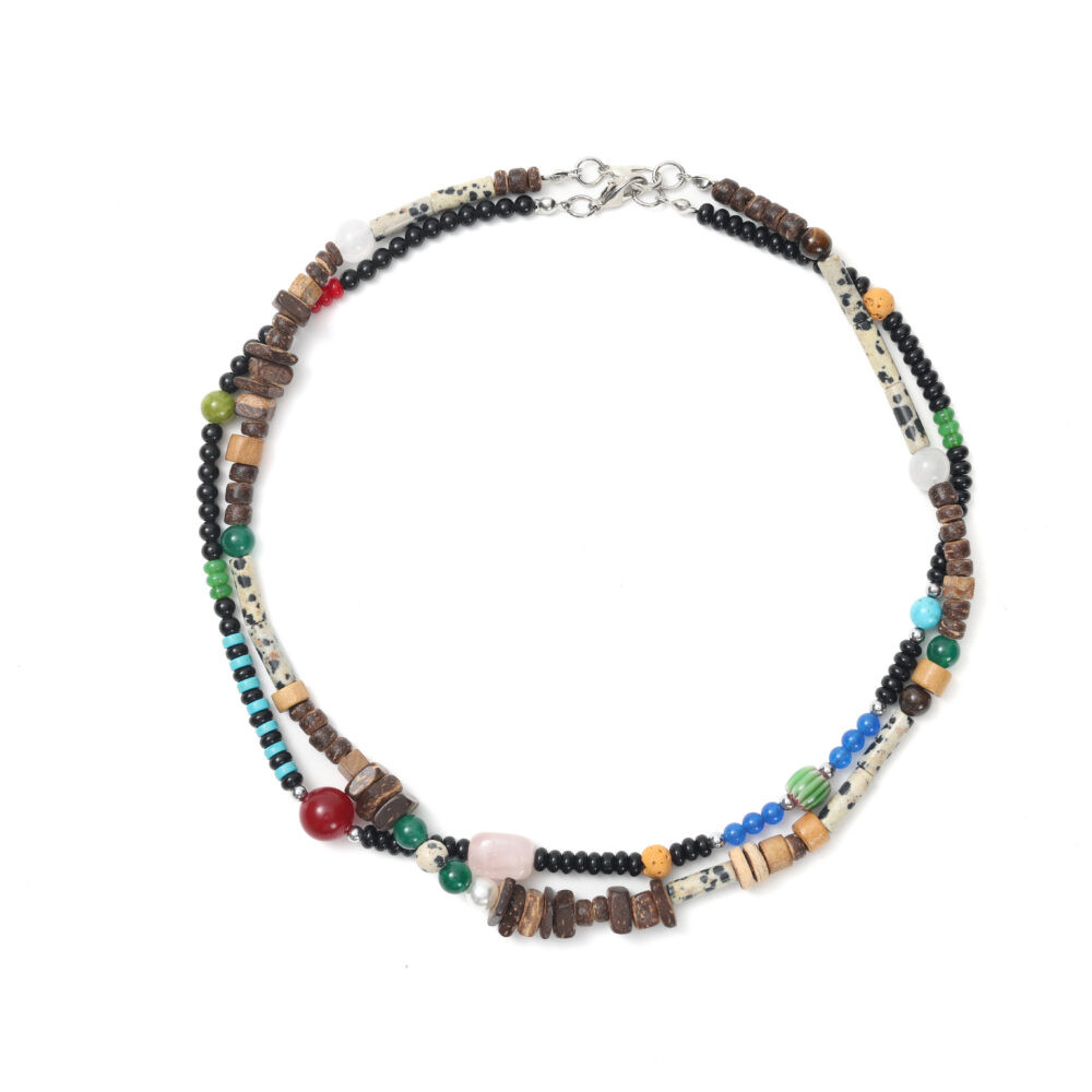 Black Multicolor Layered Wood & Stone Beaded Necklace