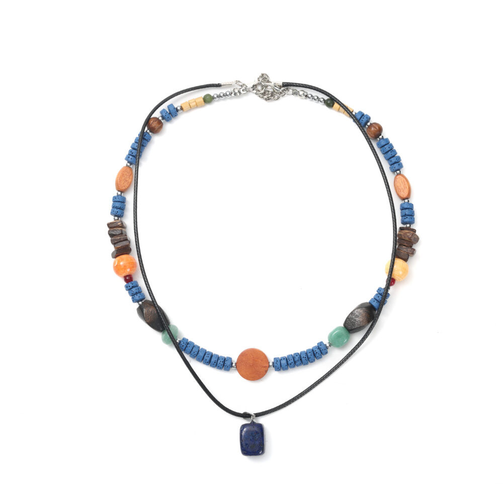 Blue Beaded Layered Wood & Stone Pendant Necklace