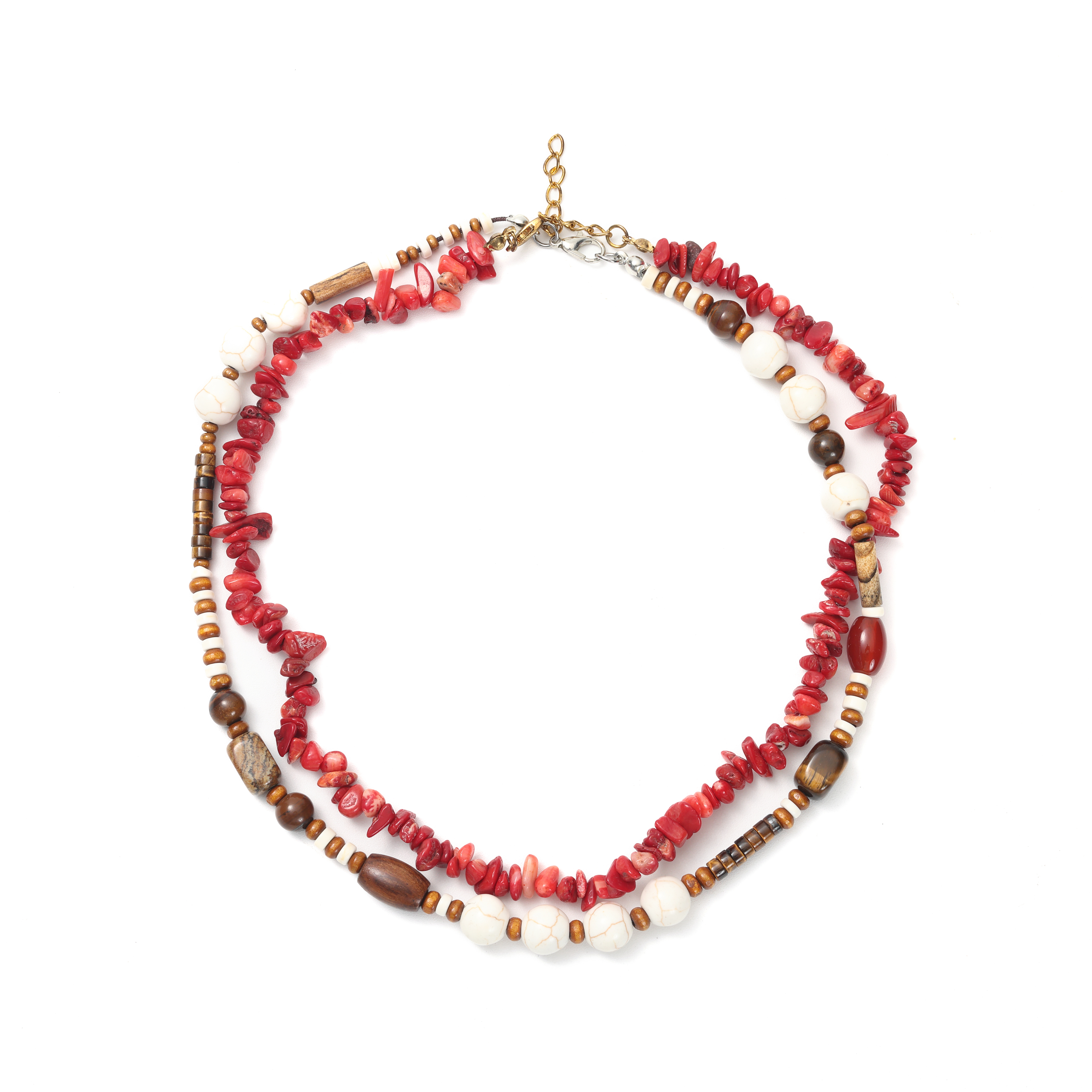 Tropical Vacation Red-White Beaded Necklace! Textured Irregular Bead Layered, Summer Island Travel Photo Prop.