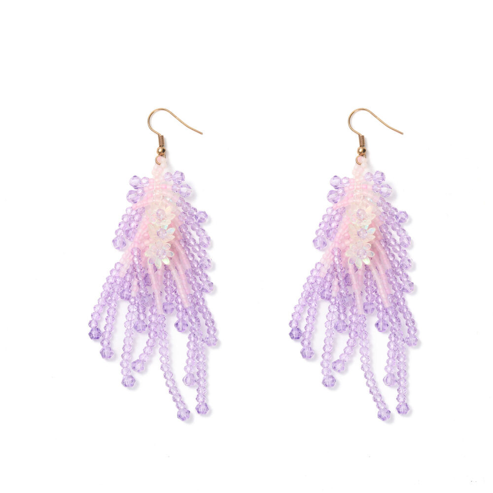 Lavender & Pink Floral Beaded Tassel Drop Earrings