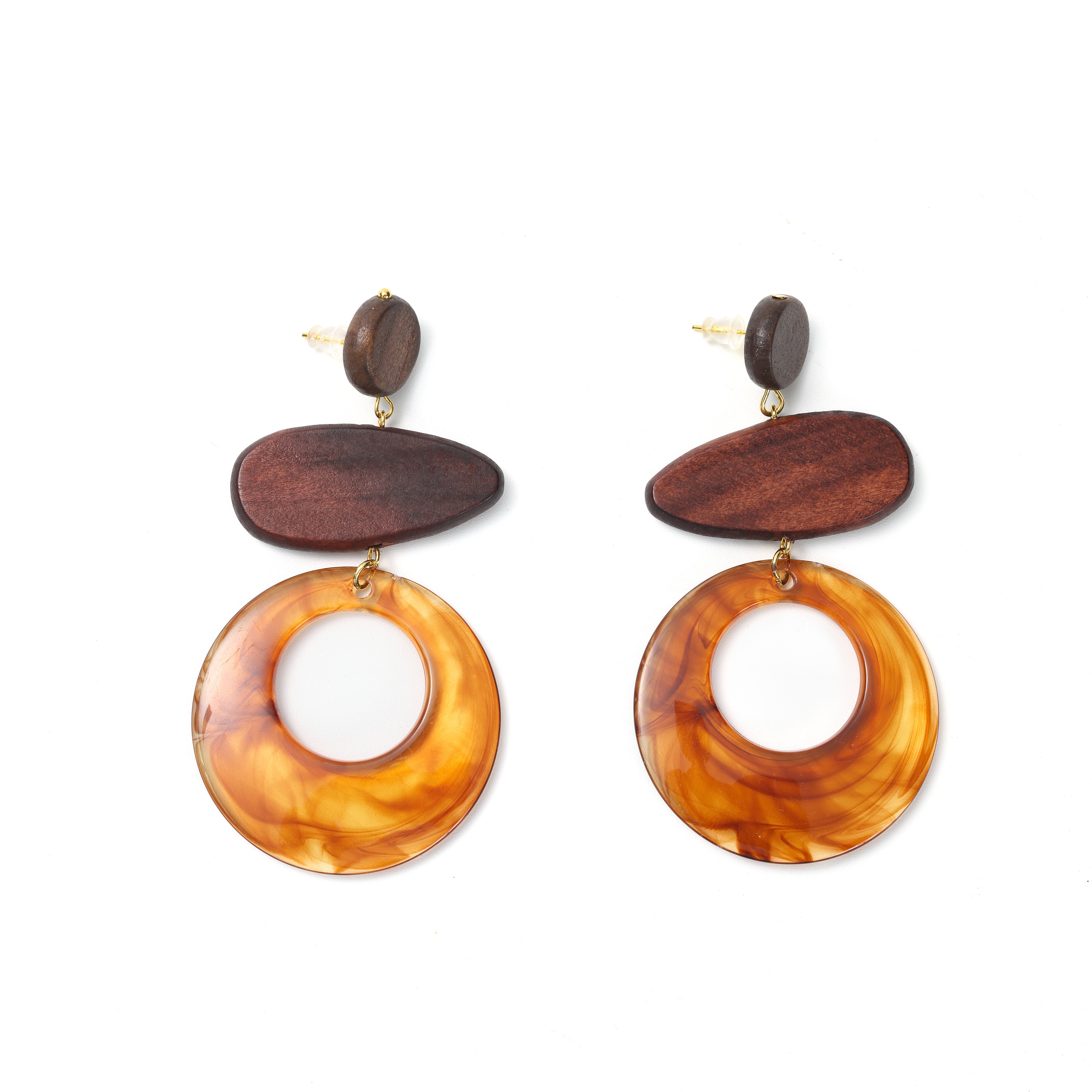 French Elegant Amber Large Ring Drop Earrings, Wood Geometric Patchwork Face-Slimming Long Earrings, Summer Daily Versatile Elegant Accessory. - Image 2