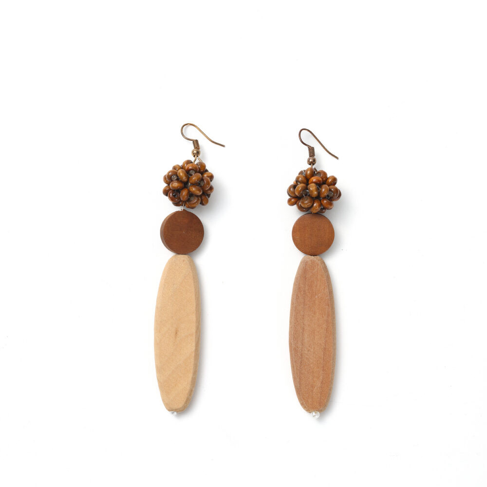 Brown Beaded Wooden Statement Drop Earrings
