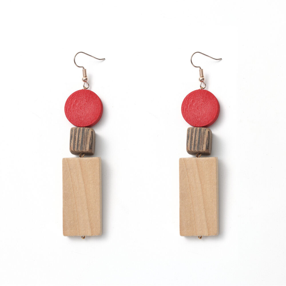 Red Geometric Wooden Block Statement Drop Earrings