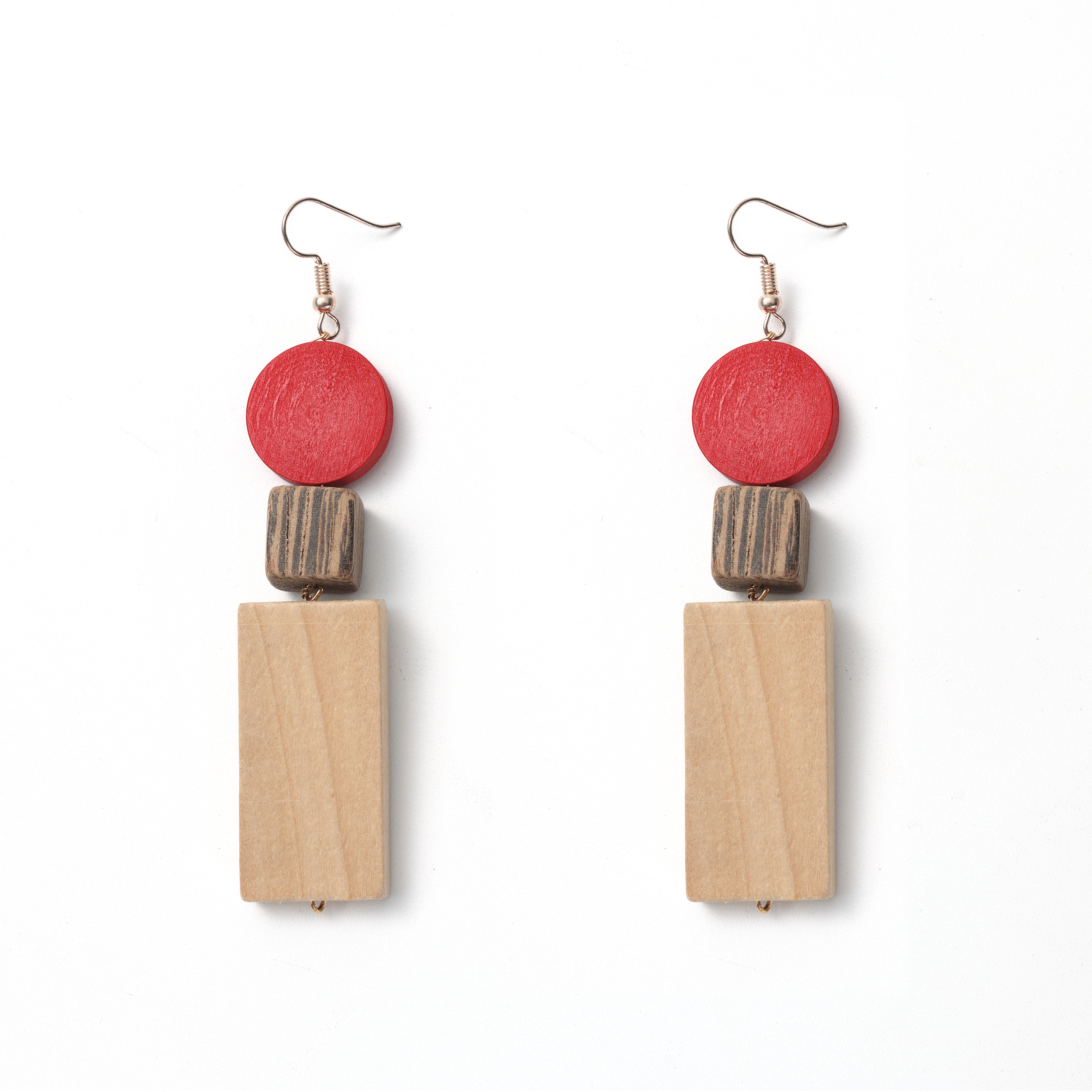 Retro Artistic Wood Geometric Patchwork Drops, Redwood & Natural Wood Contrast Long Earrings, Summer Versatile Face-Slimming Accessory.