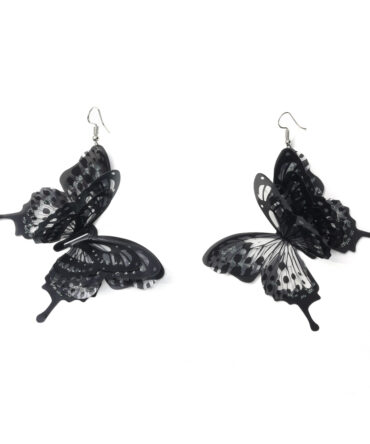 Artistic Atmosphere Black & White Butterfly Long Earrings, Handmade Distressed Frayed Design, Versatile Cool Vacation Accessory.