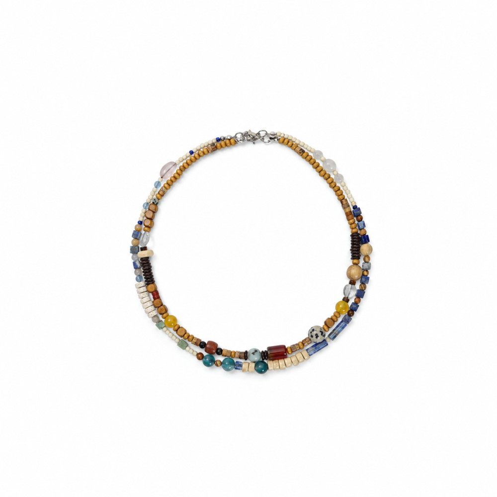 Boho Layered Natural Stone Wood Beaded Necklace | Resort Jewelry