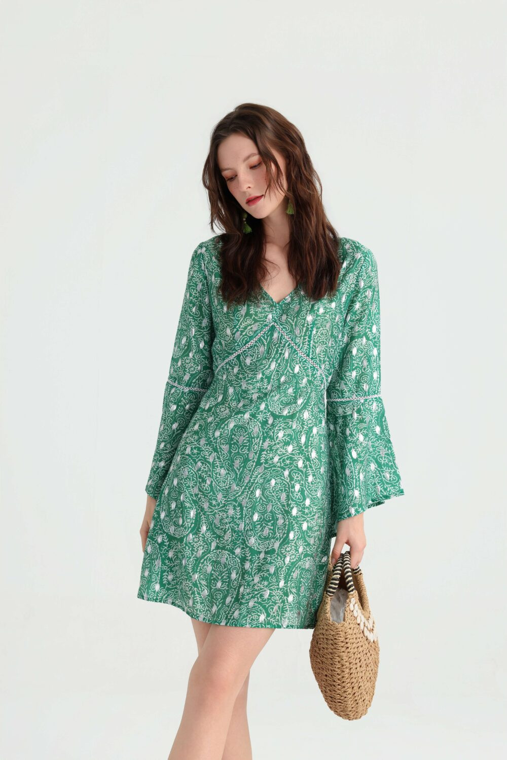 sage paisley bell sleeve mini dress
