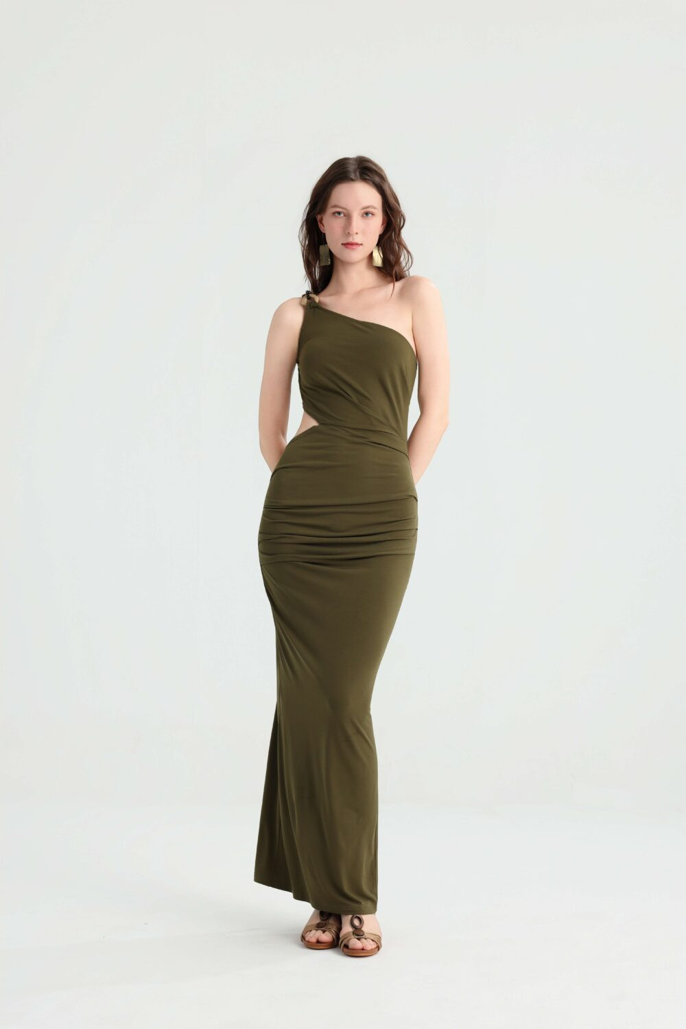Olive Green One-Shoulder Ruched Maxi Dress