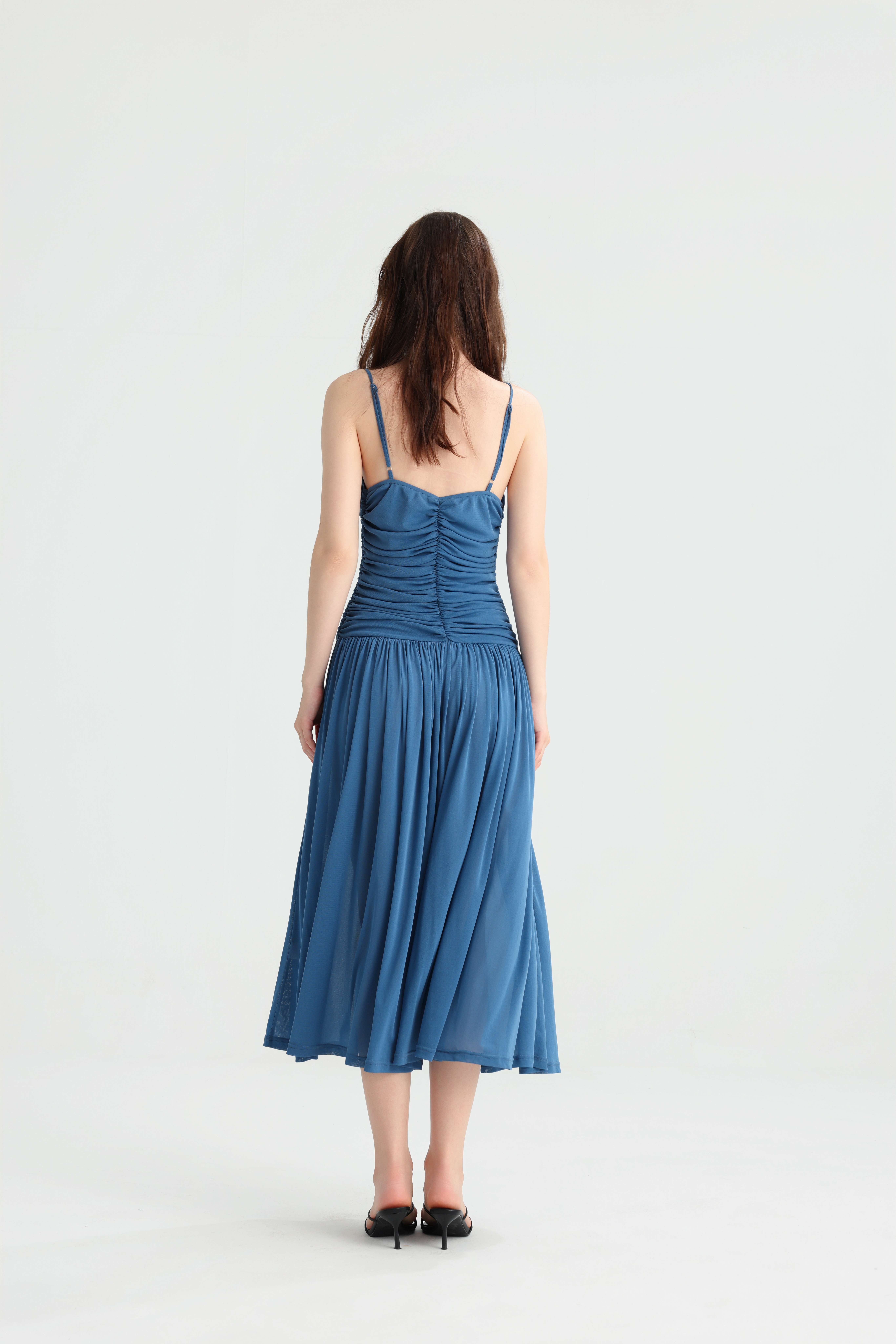 Elegant Vacation Dusty Blue Strap Pleated Midi Dress, Deep V Ruched Slimming Gown, Summer Island Travel Versatile Dress. - Image 2
