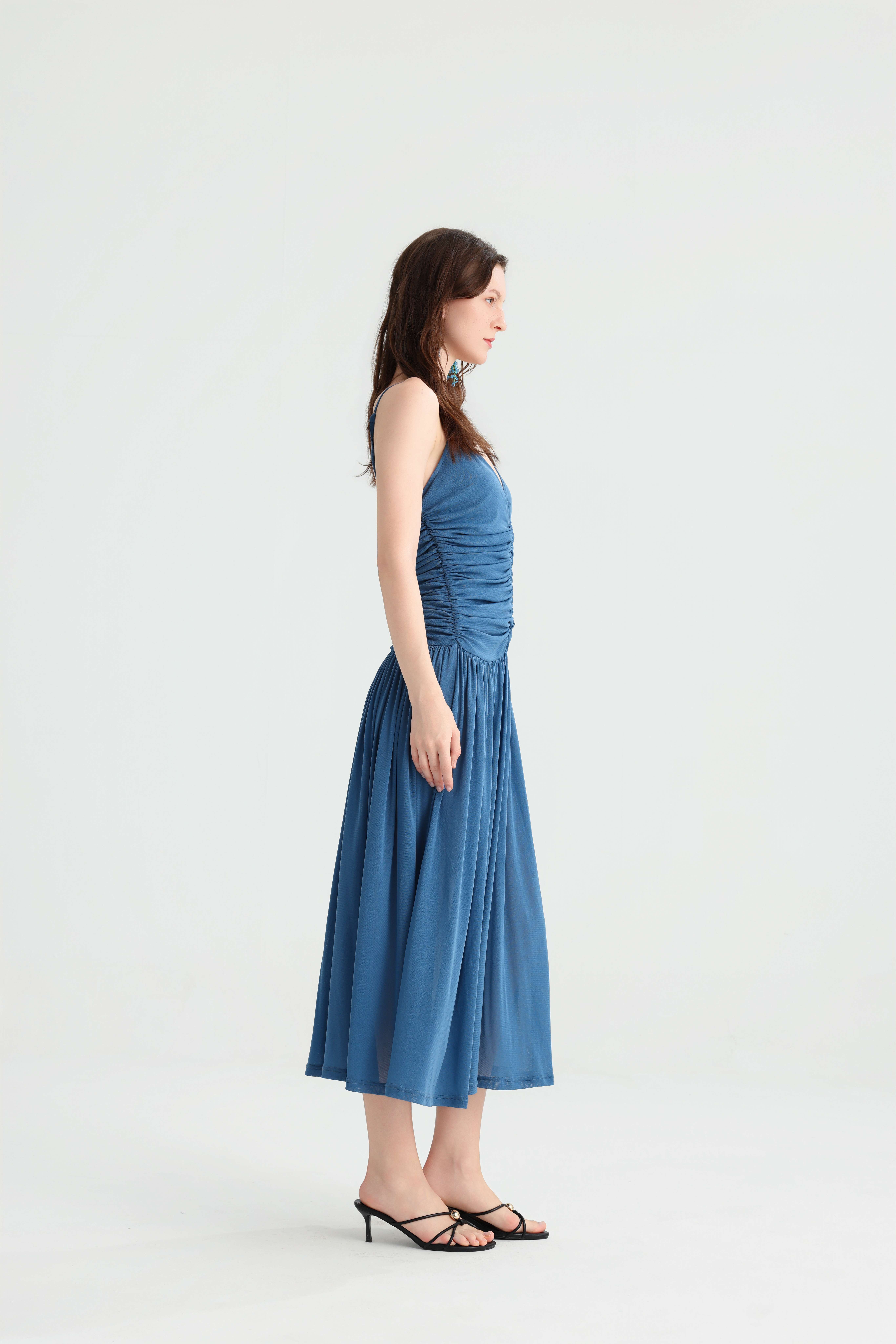 Elegant Vacation Dusty Blue Strap Pleated Midi Dress, Deep V Ruched Slimming Gown, Summer Island Travel Versatile Dress. - Image 3