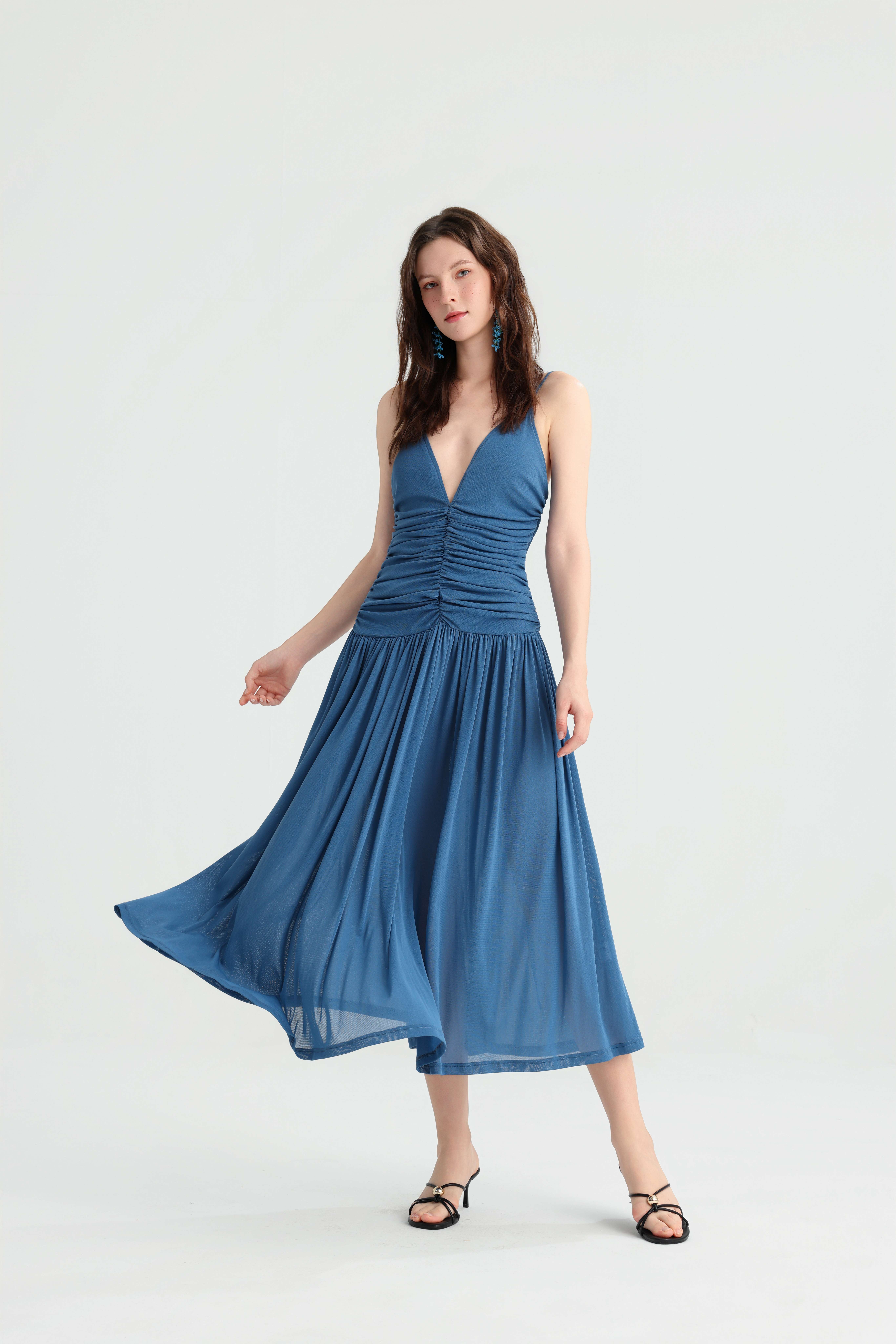 Elegant Vacation Dusty Blue Strap Pleated Midi Dress, Deep V Ruched Slimming Gown, Summer Island Travel Versatile Dress. - Image 4