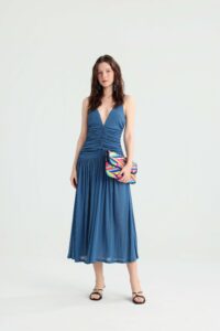 Dusty Blue Ruched Midi Dress with Deep V-Neck - Image 5