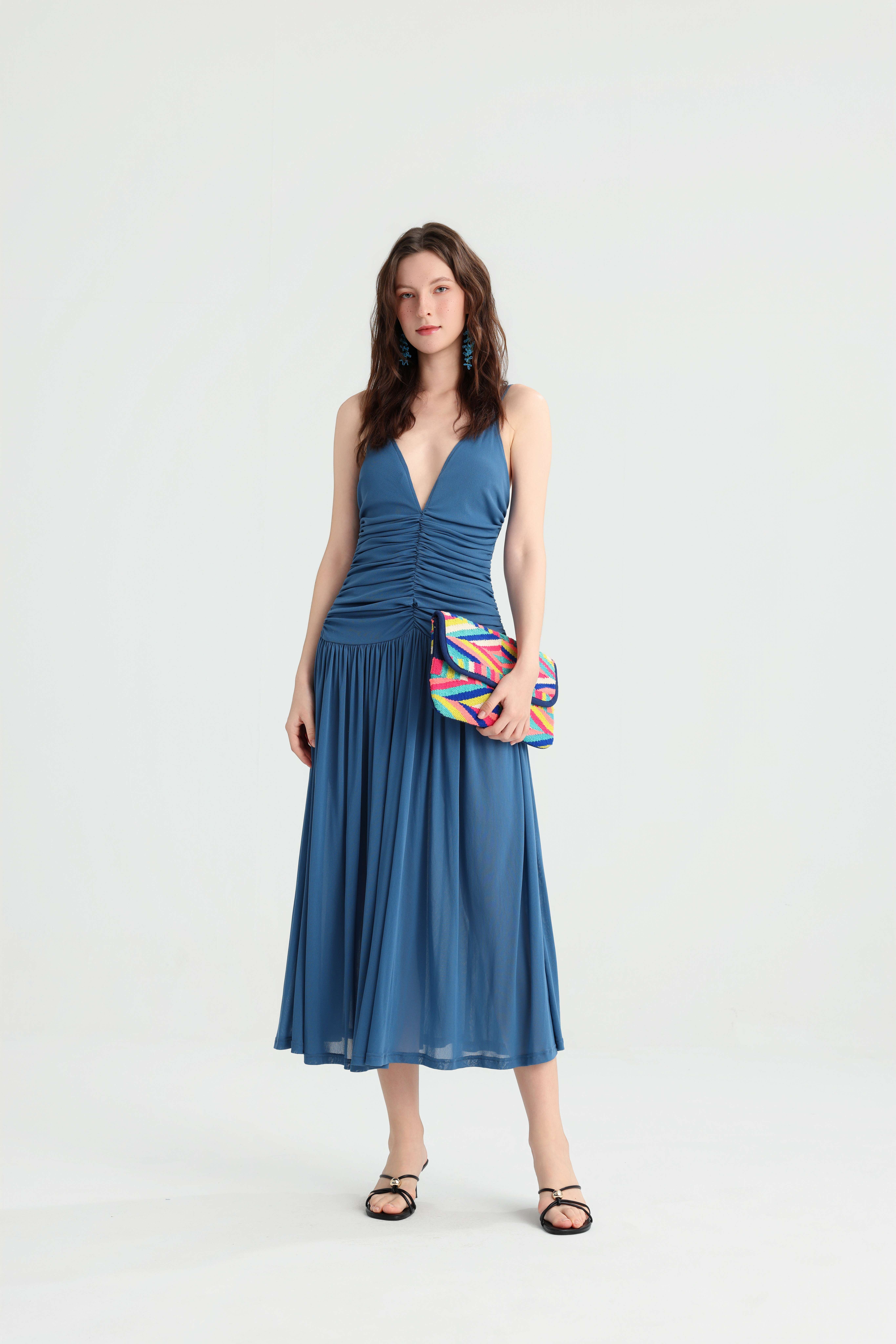 Elegant Vacation Dusty Blue Strap Pleated Midi Dress, Deep V Ruched Slimming Gown, Summer Island Travel Versatile Dress. - Image 5