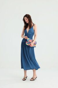 Dusty Blue Ruched Midi Dress with Deep V-Neck - Image 6