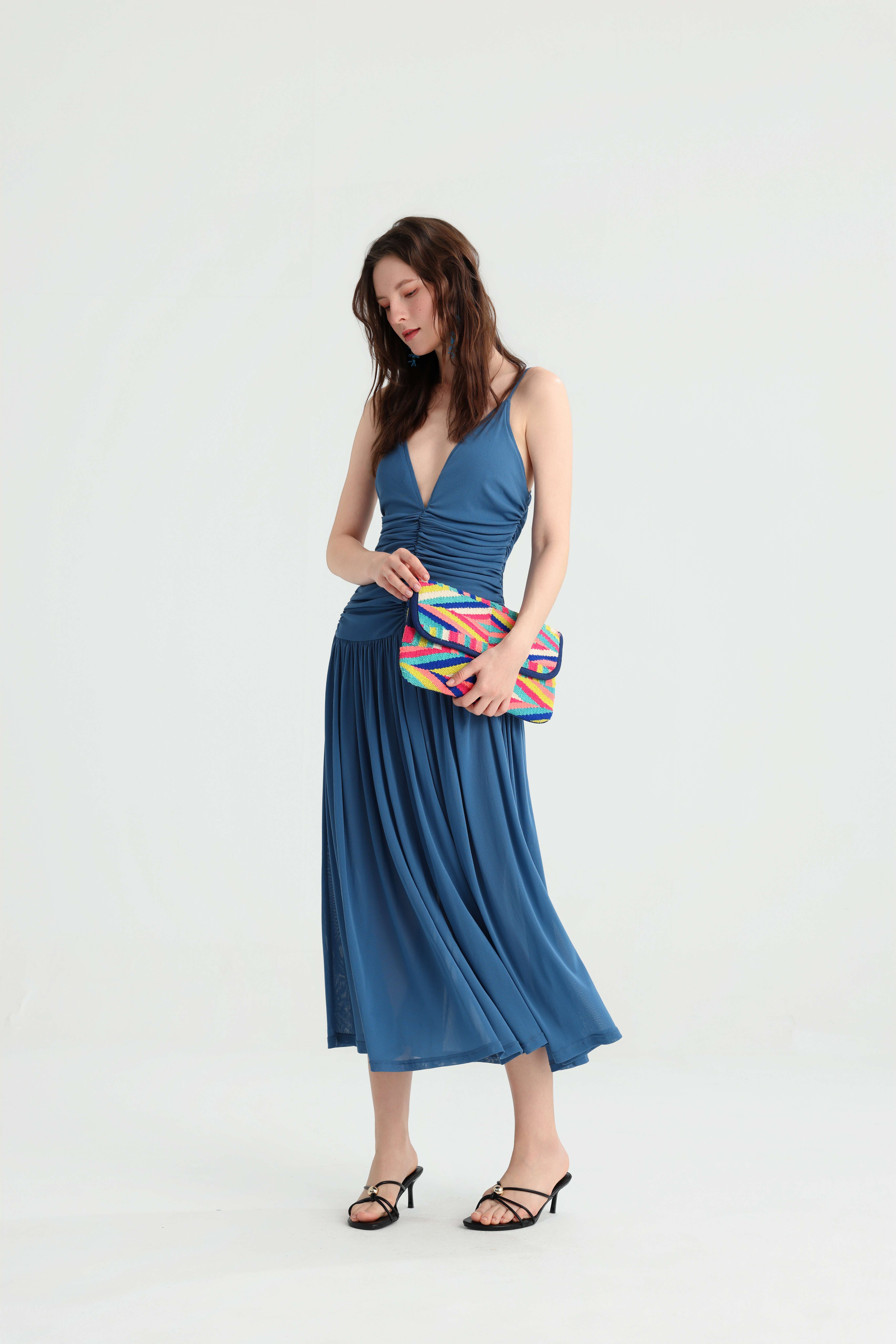 Elegant Vacation Dusty Blue Strap Pleated Midi Dress, Deep V Ruched Slimming Gown, Summer Island Travel Versatile Dress. - Image 6