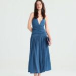 Dusty blue ruched midi dress with deep V-neck