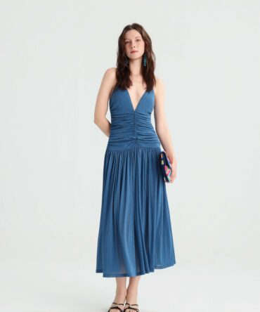 Elegant Vacation Dusty Blue Strap Pleated Midi Dress, Deep V Ruched Slimming Gown, Summer Island Travel Versatile Dress.