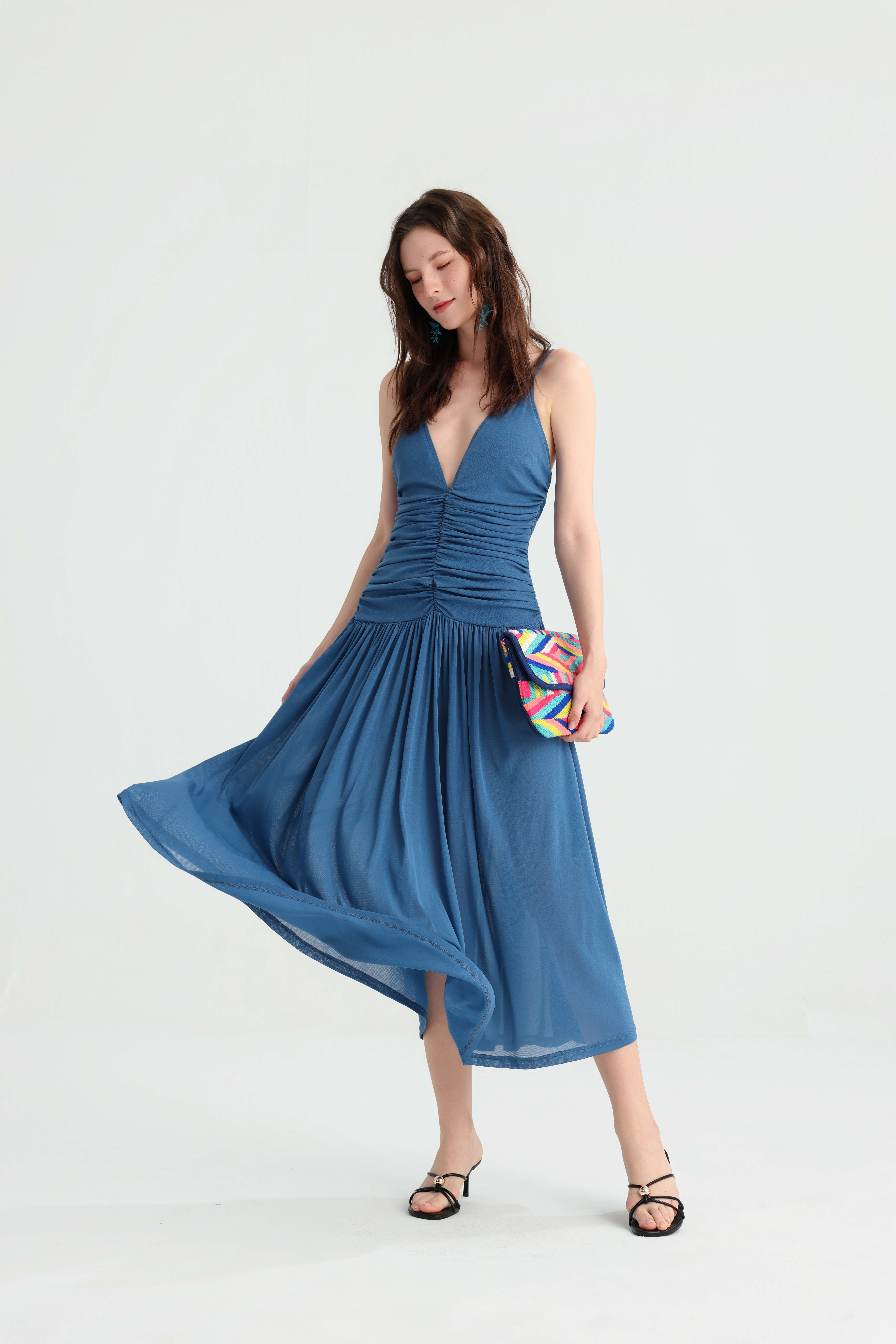 Elegant Vacation Dusty Blue Strap Pleated Midi Dress, Deep V Ruched Slimming Gown, Summer Island Travel Versatile Dress. - Image 8
