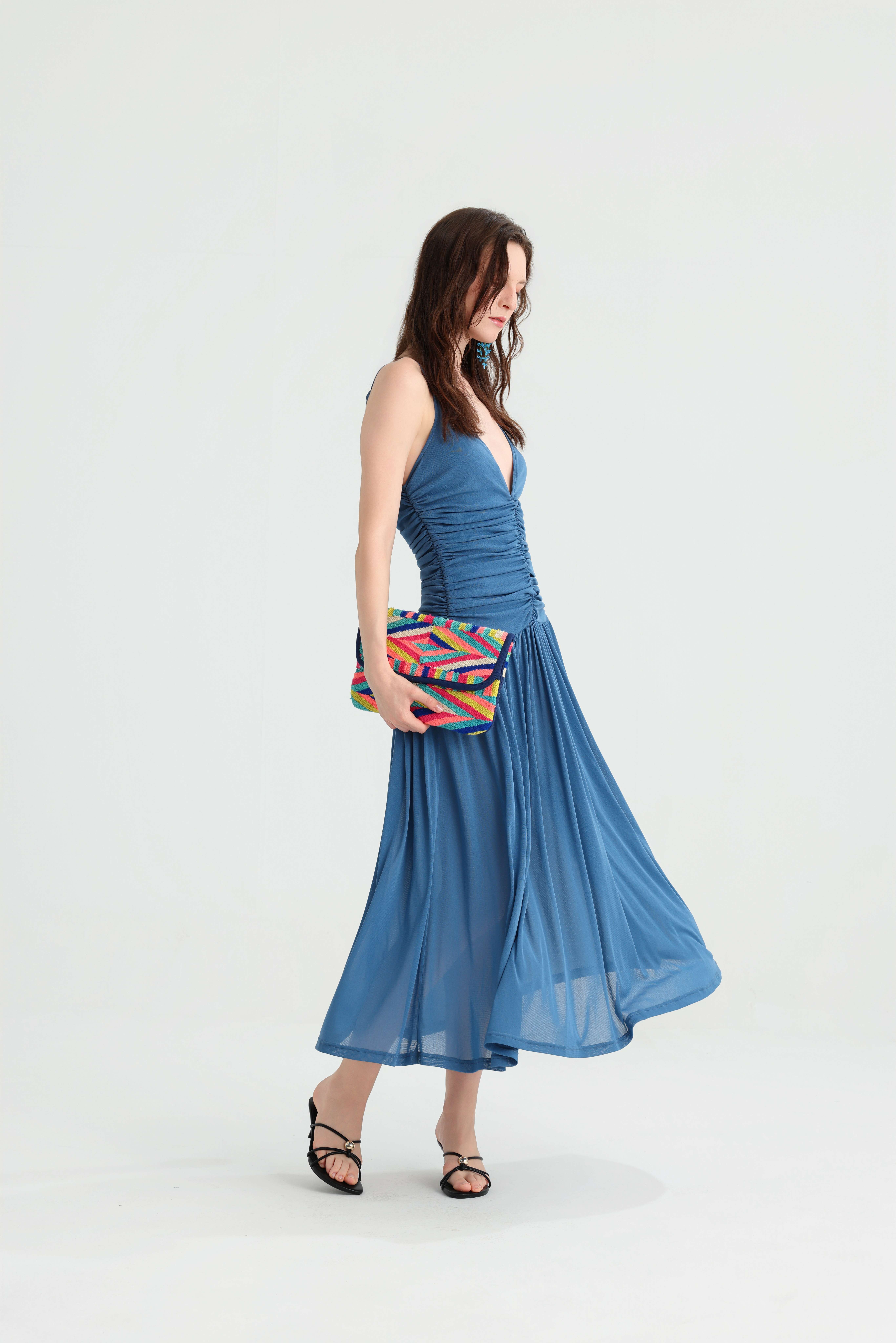 Elegant Vacation Dusty Blue Strap Pleated Midi Dress, Deep V Ruched Slimming Gown, Summer Island Travel Versatile Dress. - Image 9