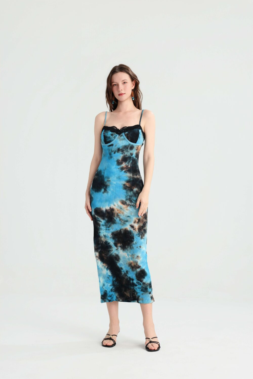 Blue tie-dye slip midi dress with black lace trim