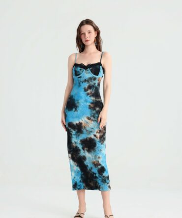 Designer Lace Trim Tie-Dye Slip Dress, Corset-Style Cut Slimming Fit, Summer Premium Niche Vacation Bodycon Gown.
