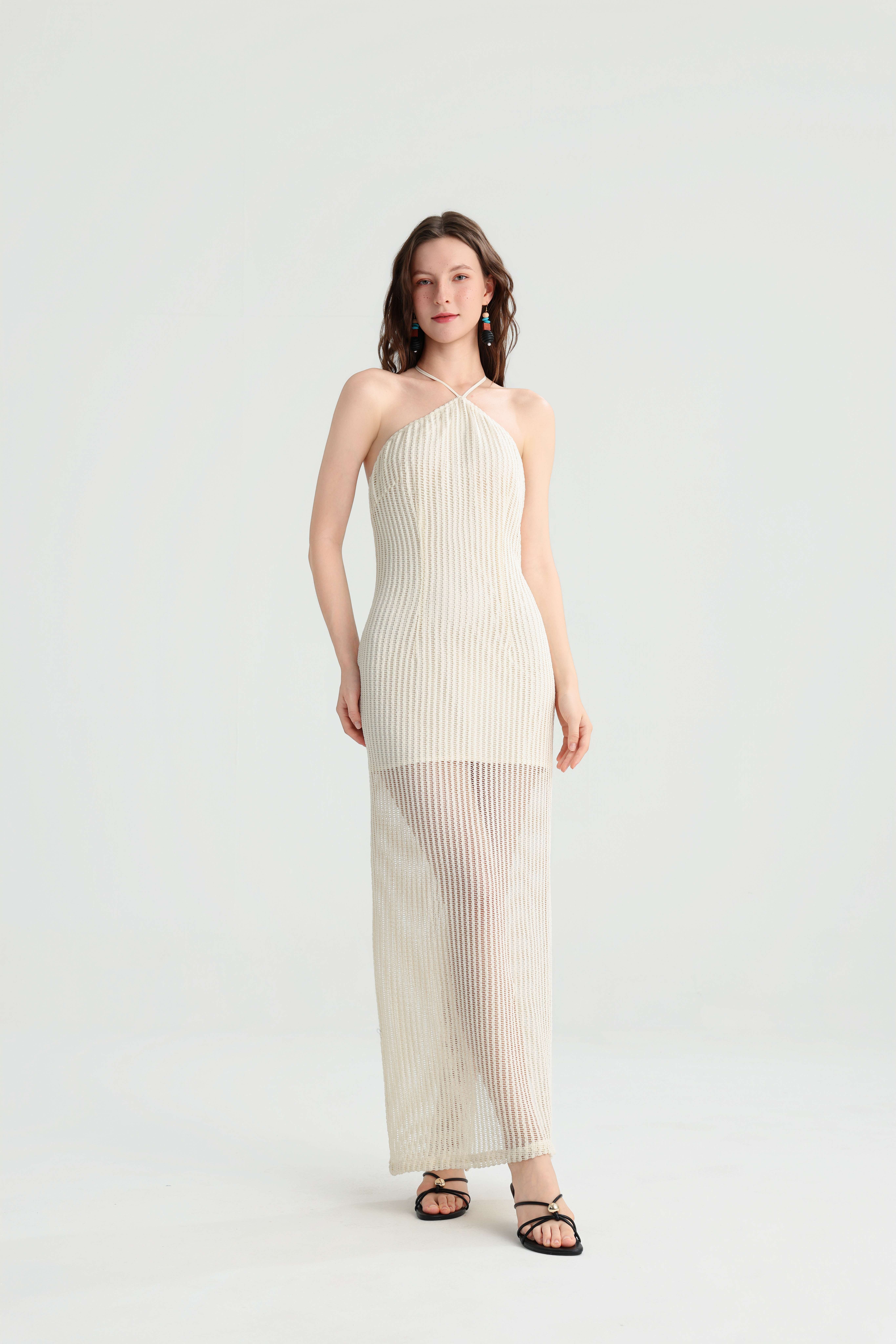 Lazy Vacation Style Off-White Halter Knit Maxi Dress, Semi-Sheer Striped Hollow-Out Gown, Summer Island Beach Fairy Pure Vacation Dress. - Image 2