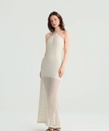Lazy Vacation Style Off-White Halter Knit Maxi Dress, Semi-Sheer Striped Hollow-Out Gown, Summer Island Beach Fairy Pure Vacation Dress.