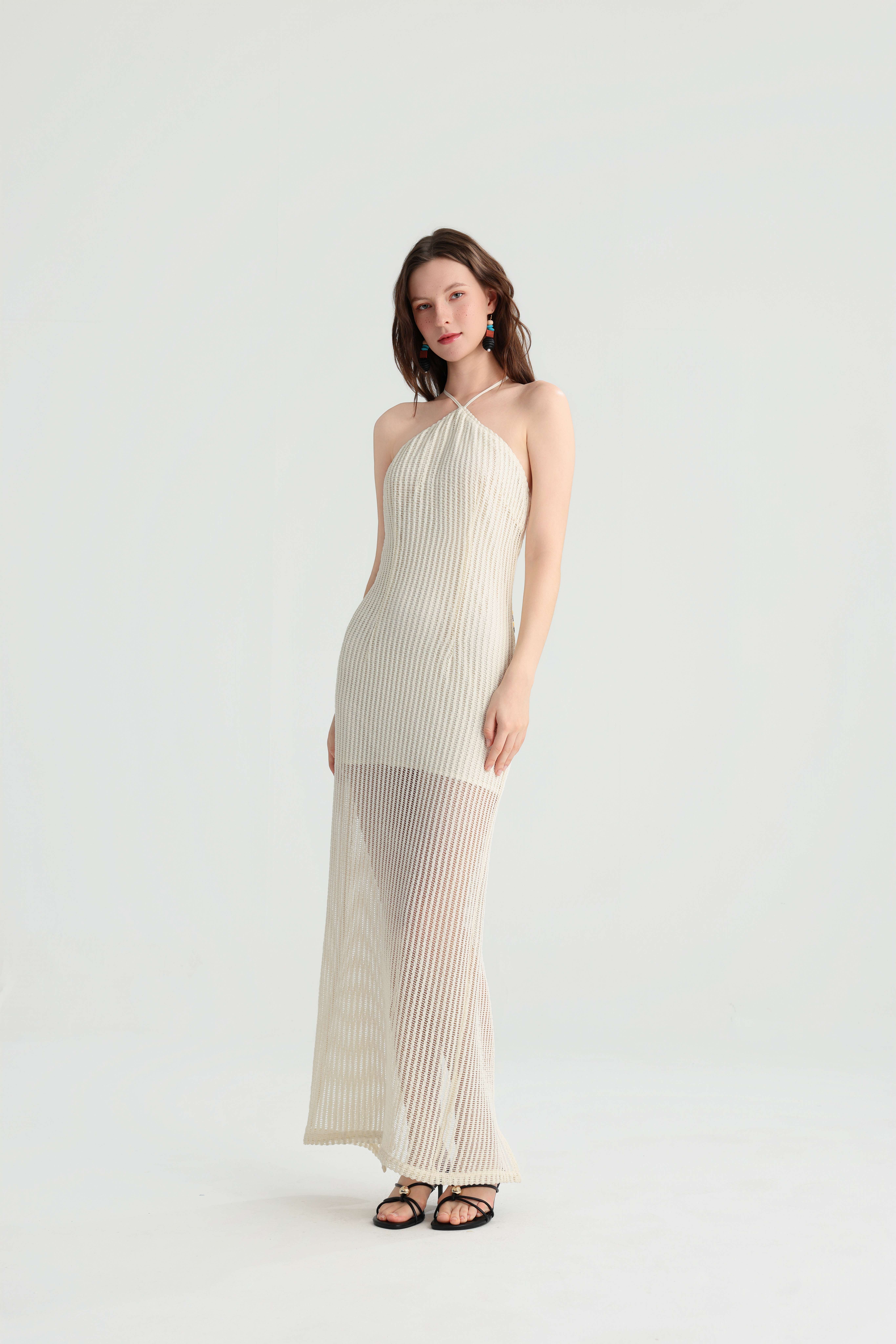 Lazy Vacation Style Off-White Halter Knit Maxi Dress, Semi-Sheer Striped Hollow-Out Gown, Summer Island Beach Fairy Pure Vacation Dress.
