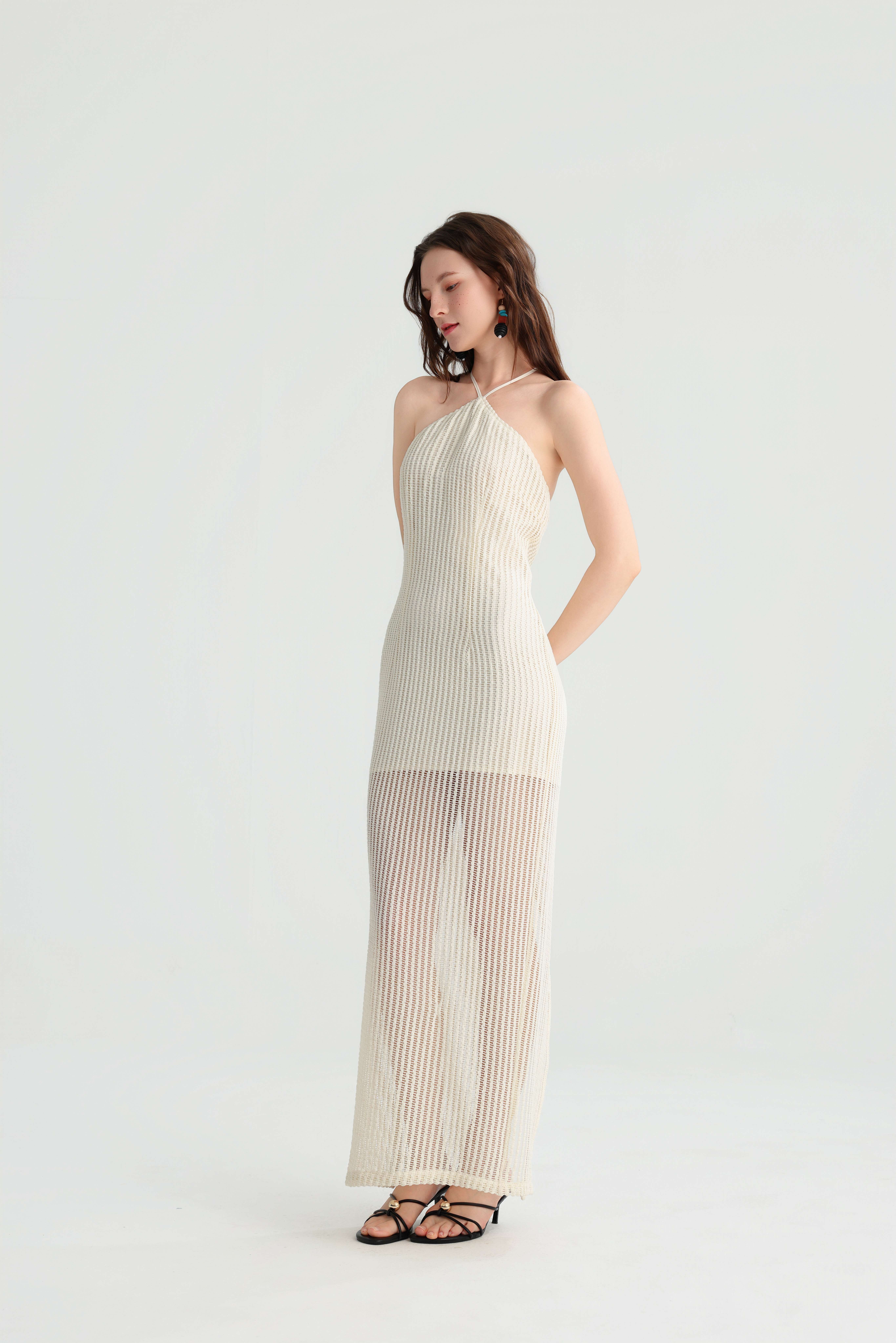 Lazy Vacation Style Off-White Halter Knit Maxi Dress, Semi-Sheer Striped Hollow-Out Gown, Summer Island Beach Fairy Pure Vacation Dress. - Image 8