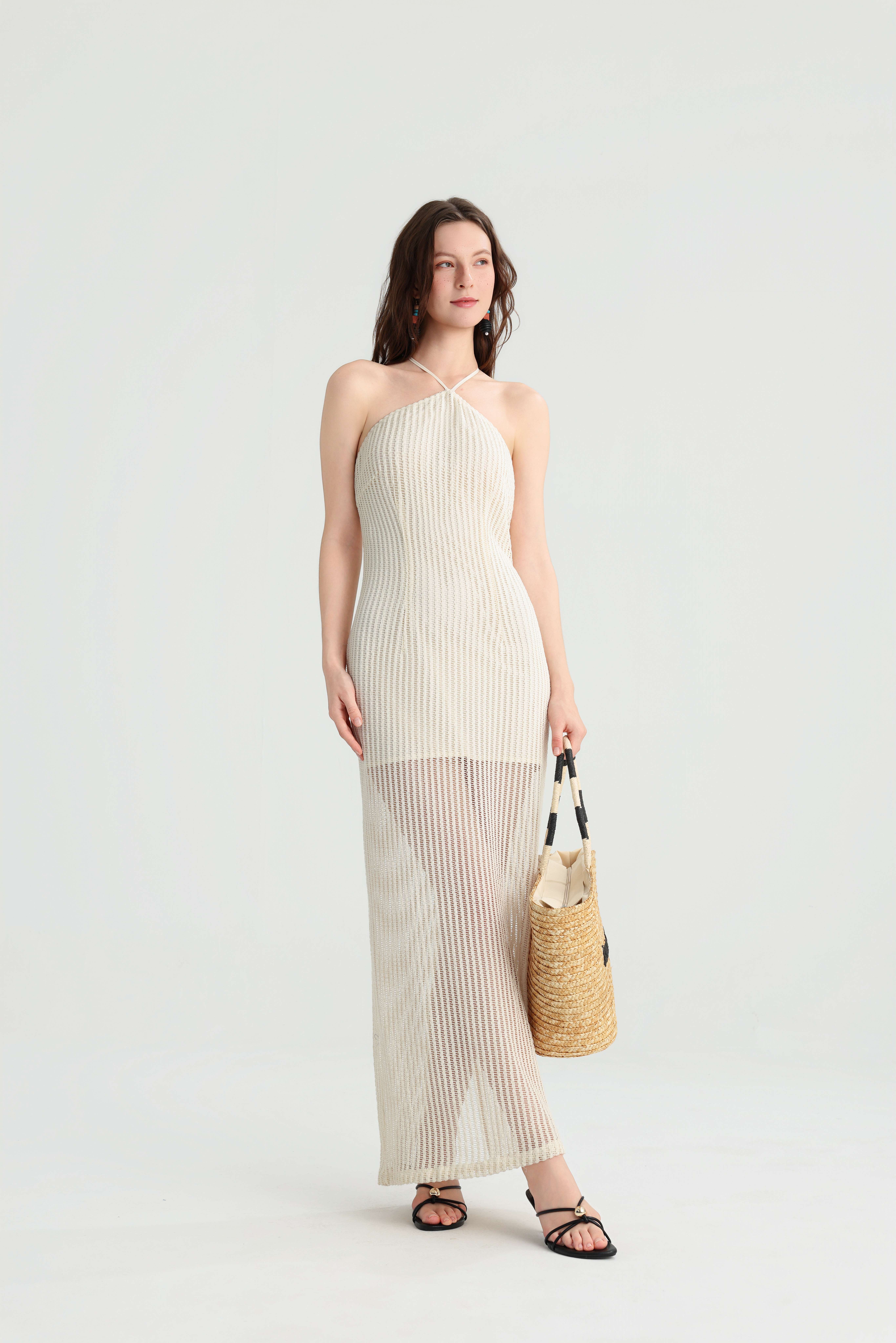 Lazy Vacation Style Off-White Halter Knit Maxi Dress, Semi-Sheer Striped Hollow-Out Gown, Summer Island Beach Fairy Pure Vacation Dress. - Image 7