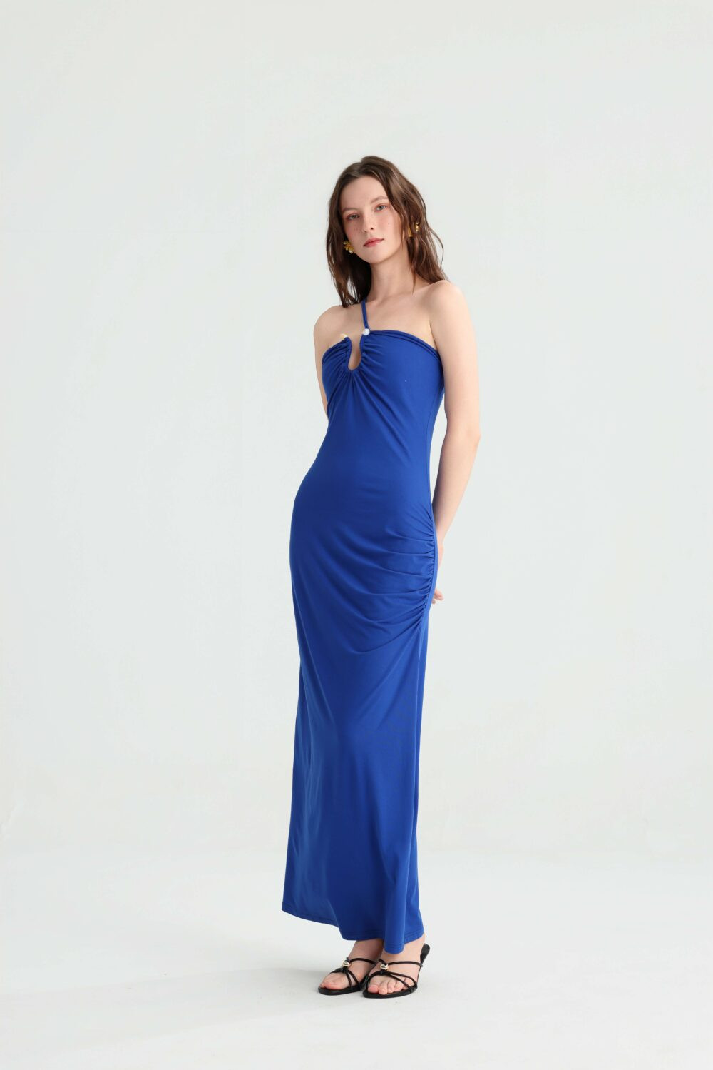 Asymmetrical Strap Resin Bead Accent Maxi Dress