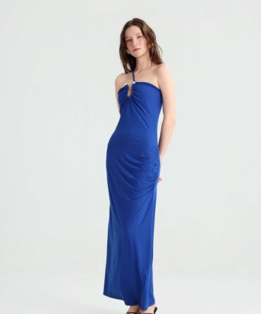 New Royal Blue Halter Long Dress, Women's Summer Slimming Fitted Vacation Maxi, Seaside Travel Versatile Solid Off-Shoulder Dress.