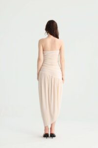 Cream Strapless Ruched Midi Dress with Asymmetric Hem - Image 3