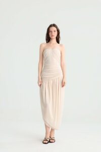 Cream Strapless Ruched Midi Dress with Asymmetric Hem - Image 4