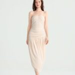 Cream strapless ruched midi dress with asymmetric hem