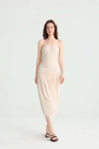 Cream strapless ruched midi dress with asymmetric hem