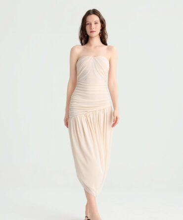 Stunning Minimalist Cream Strapless Ruched Dress! Asymmetric Hem Lazy Premium, Island Vacation Photo Atmosphere Goddess Dress, Summer Wardrobe Staple.