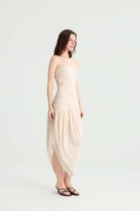 Cream Strapless Ruched Midi Dress with Asymmetric Hem - Image 6
