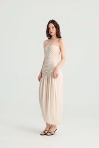 Cream Strapless Ruched Midi Dress with Asymmetric Hem - Image 8