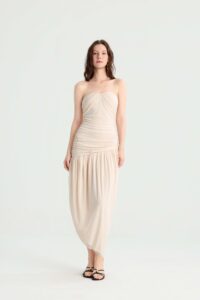 Cream Strapless Ruched Midi Dress with Asymmetric Hem - Image 10