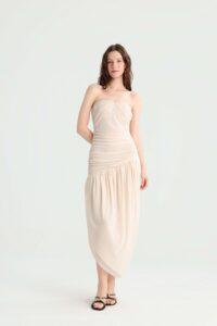 Cream Strapless Ruched Midi Dress with Asymmetric Hem - Image 2