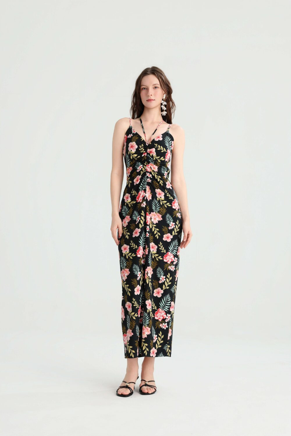 Black tropical floral maxi dress with twist-front bodice