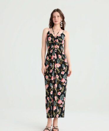 Premium Vacation Black Tropical Floral Strap Maxi Dress, Chest Twist Slimming Gown, Summer Island Travel Date Versatile Dress.
