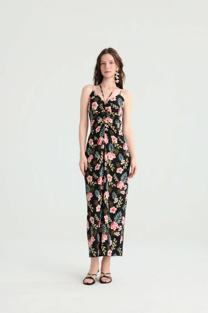 Black tropical floral maxi dress with twist-front bodice